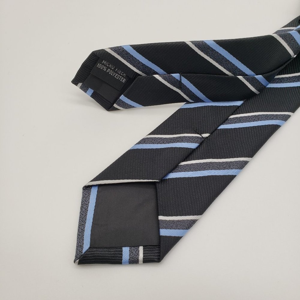 Laurant Bennet Milano Men's Dress Skinny Neck Tie Black Blue Stripe 57"L 2 1/8"W - Picture 3 of 8